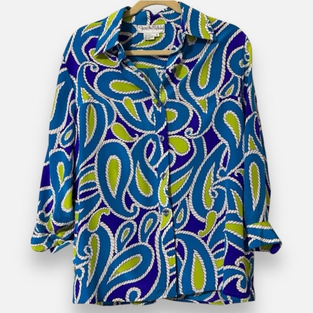 Vintage Diane Von Furstenberg Nautical Blouse 100% Silk Size 3X in Perfect Shape